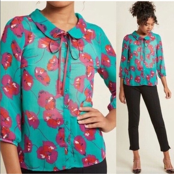 Modcloth Teal and Pink Floral Blouse - Picture 2 of 9